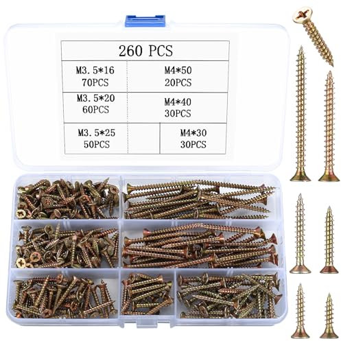 260 Stück M3.5 M4 Holzschrauben Set, Selbstschneidende Schrauben, Universalschrauben, Senkkopfschrauben, Kreuzschlitz Holzschrauben Sortiment Kit, Flachkopfschrauben für DIY Projekt Reparatur