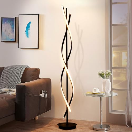 Lampada da Terra LED, 155cm Piantana Lampada da Terra Salotto con telecomando, Lampade da Terra Moderna a Spirale Piantana Lettura Dimmerabile Lampada per Soggiorno, Camera da letto Nera (Black)