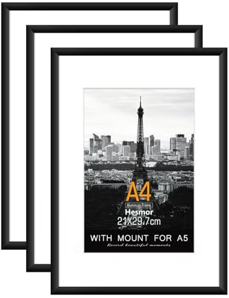 Hesmor A4 Aluminum Acrylic Picture Frame Black | 8 x 12 inch Certificate Frames, Set of 3 A4 Poster Frames with Mount for A5 Prints, Table Top and Wall Mounting Options
