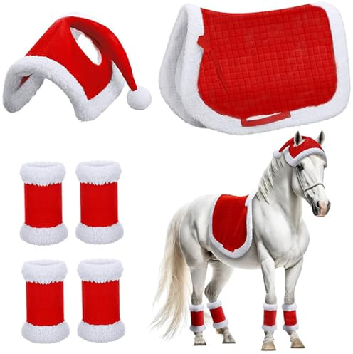 Hperu 6pcs/Set weiche Dicke Plüsch -Weihnachtskostüme beinhalten Weihnachtsfleisch -Horse Hut, 4pcs Pferdebein und Pferdsattel für Weihnachtspferde Dekor