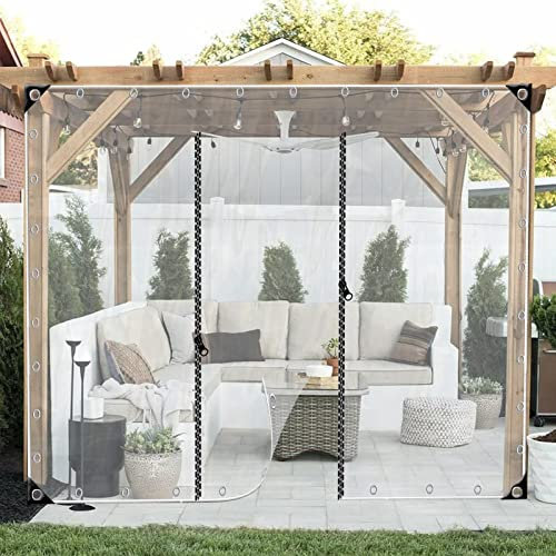 Transparente PVC-Planenvorhänge mit Reißverschlusstür, transparente Pavillon-Seitenwände, strapazierfähig und Ösen, ideal für Pergola (transparent, 1,2 x 2,5 m)