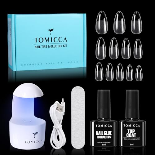 TOMICCA Nail Tips and Glue Gel Kit, Nail Extension Set Top Coat und 6 in 1 nagelkleber für kunstnägel, 240PCS Mittel Mandel Soft Gel Full Cover Nail Tips Mini UV Lampe Für Nägel