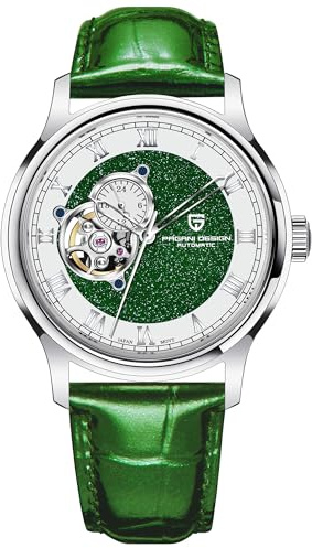 TAYSHILEY Pagani Design Herrenuhr römische Ziffern Zifferblatt Edelstahl Uhr 100 Meter Wasserdicht Welf-Aufzug Uhr NH39 Sport Saphirglas Lederband Luxus Herrenuhr, grün, Klassisch