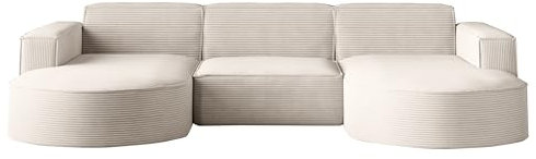 Kaiser Möbel - Ecksofa mit Wohnlandschaft, Eckcouch U Form XXL, Bigsofa, Sofa 3-sitzer, Bequemes Couch mit Ottomane für Wohnzimmer, Relaxsofa, Cord Stoff, Lounge-Set U-Form, Modena Studio, Beige