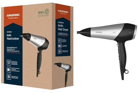 GRUNDIG HD 6080 L Haartrockner 2200 W, Föhn, Ionen Funktion, 3 Temperatur- und 2 Luftstromstufen, Kaltstufe, Keramikbeschichtung, 1,8 m Kabel, Schwarz/Silber