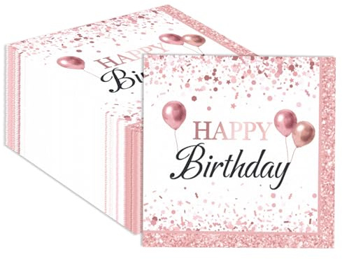 40 Stück Rosegold Servietten,33x33cm Happy Birthday Rosegold Servietten Geburtstags servietten für Kinder Mädchen Junge Frau Mann Geburtstag Tischdeko