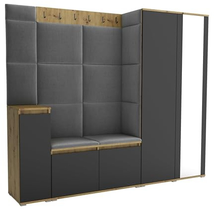 Brent - Garderobenschrank Flur Artisan Eiche Schwarz mit sitzbank 220 cm Breit Luton 8 - Multifunktionale Flurgarderobe Set mit Stauraum und Wandpaneel, Garderobe mit Sitzfläche und Kleiderhaken