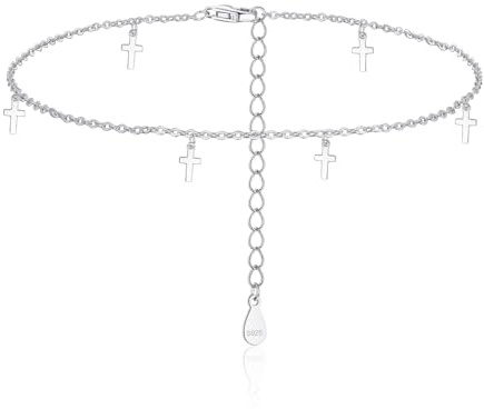 Estrellique 925 Sterling Silber Fußkettchen für Damen, Silber 925 Verstellbar 22+5CM Kette Fußkettchen Armband, Kleine Kreuz Stern Mond Anhänger Fußkette, Wasserdichte Barfuß Sommer Strand Knöchelchen