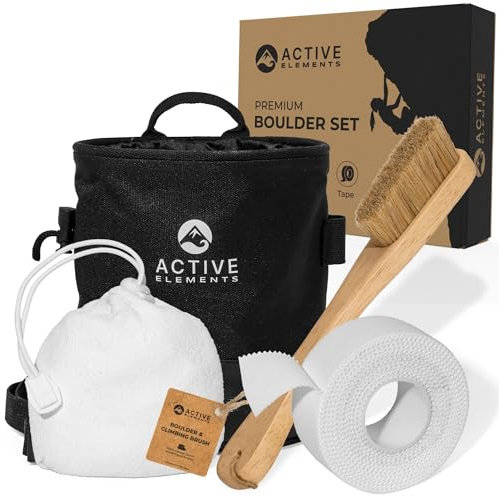 Boulderzubehör 4 in 1 Set & einzeln: Chalkbag, Chalk Ball, Boulder Bürste und Sport Tape - Kletterausrüstung ideal für die nächste Session, Bouldern Geschenk, Chalk Bag und Kletterbürste auch einzeln