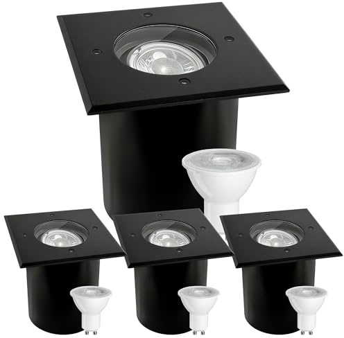 JNR Edelstahl Bodenstrahler Außen IP67 Wasserdicht 230V, Schwarz 4 Pack | Schwenkbar LED Licht, Bodeneinbaustrahler Aussen mit 5W GU10 3000K Glühbirne, Bodenleuchten Gartenbeleuchtung mit Strom