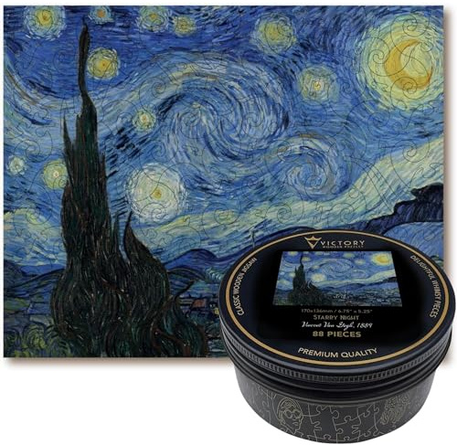 Victory Wooden Puzzles – ‘Starry Night’ Miniature Jigsaw Puzzle for Adults - 88 Pieces. Premium Linden Wood Art Jigsaw Puzzle in Metal Storage Tin with Special 'Whimsical' Shaped Pieces.