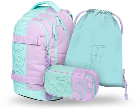 Baagl Schulrucksack Set Jungen Mädchen Skateboard Rucksack 30 l - Sweet | Ergonomischer Schulranzen und Grundschule Ranzen mit Brustgurt für Teenager ab 3. Klasse bietet Platz für Laptopfach.