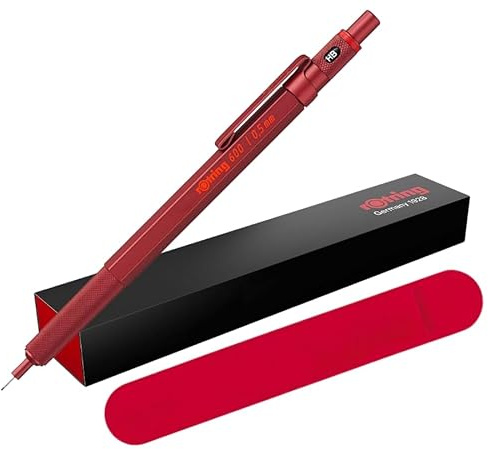 rOtring 600 Druckbleistift & Samtetui | 0,5 mm | roter Vollmetallkörper | rutschfester gerändelter Griff & sechseckiger Schaft
