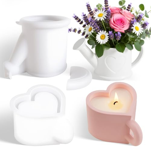 2 Pièces Moule Bougie Silicone Arrosoir et Tasse à thé en Forme de Cœur DIY Bougeoir Silicone Moule Bougie Réutilisables, pour la Fabrication de Bougies, la Décoration Intérieure et L'artisanat