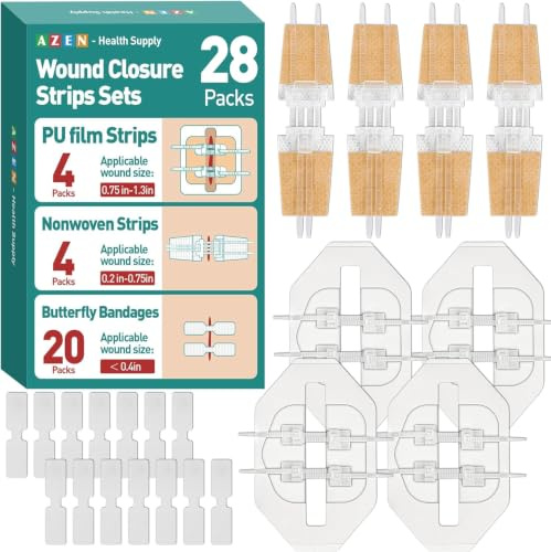 AZEN 28 Pack Wound Closure Strips, 3 Types Butterfly Bandages, Emergency Laceration Closure Kit, Repair Wounds Without Stitches, Quick Clot Zip Stitch Wound Closures Device