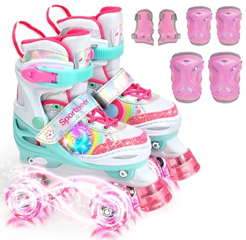 Sportneer Pattini a rotelle per bambini, con luci laterali e 6 dispositivi di protezione, 4 misure regolabili, per ragazze, bambini, ragazzi, principianti, interni ed esterni