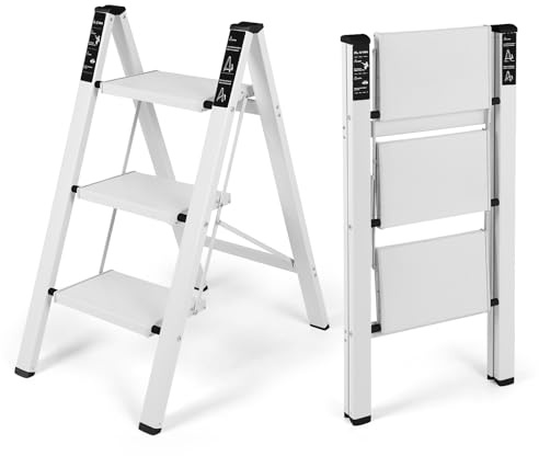 Dollate Aluminum 3 Step Ladder, Folding Step Stool with Non-Slip and Sturdy Wide Tread, Portable for Household and Kitchen, Foldable Step Stool, White, 330Lbs Ladders for Home