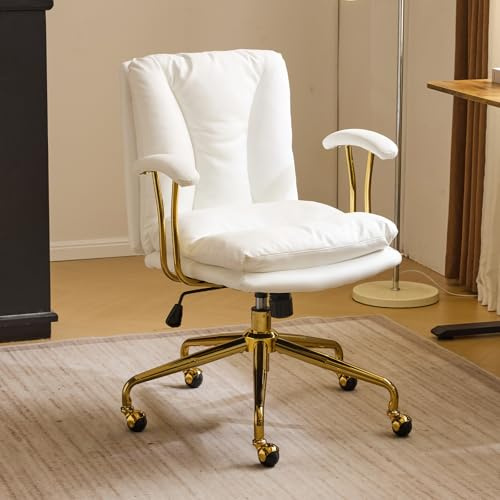 Bonnlo Bürostuhl Ergonomisch, Schreibtischstuhl mit Goldenen Armlehnen, Chefsessel, Drehstuhl mit Rollen, Höhenverstellbar & Kippfunktion, Homeoffice (PU-Leder, Weiß)
