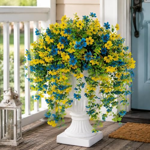Aisamco 4 Flores Colgantes Exterior UV Resistente | Flores seda artificial, Eucalipto hojas, Para jardin, terraza, balcon, porche, Resistente rayos UV, Planta colgante falsa, D