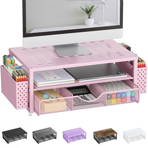 Pygocereri Monitor Stand Riser, Desk Accessories and Organizer with Drawer and 2 Pen Holder, Desk Monitor Riser for Screen, Ergonomic Desktop Stand for Work Office Accessories (Pink)