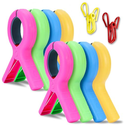 Beach Towel Clips for Beach Chairs, 8 Pack Beach Chair Clips for Towels, Strong Grip Towel Clips for Chair Cruise Pool, Holds Thick Towels, No-Slip No-Mark, 4 Colors