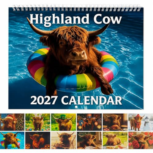 Highland Cow Calendar 2026, Funny Cute Swimming Cow Monthly Wall Calendar for Planning, Animal Picture Art Decor Gift for Home Office