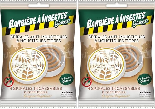 BARRIERE A INSECTES Green Anti-moustiques à Base de géraniol et boîtier décoratif-Sachet de 4 Spirales + 1 diffuseur, Nicht Zutreffend (Lot de 2)