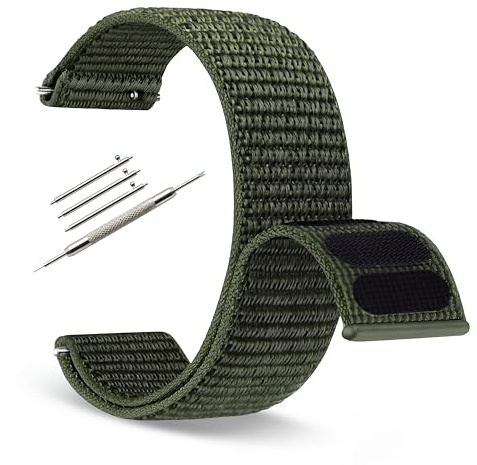 HORACE Klockarmband med kardborre 20 mm 22 mm – Elastiskt, Mjukt, Andningsbart, Snabbfäste – Unisex – Kompatibelt med Garmin och smartklockor (Khakigrön, 22 Millimeter)