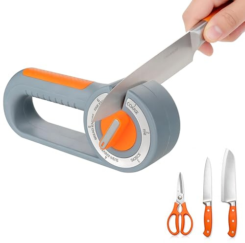 Foyucool Affilacoltelli Professionale 6 in 1, Affila Coltelli Manuale a Diamante per Coltelli da Cucina e Forbici, Base Antiscivolo, Adatto per Cucina, Ristorante e Campeggio, Grigio-Arancione
