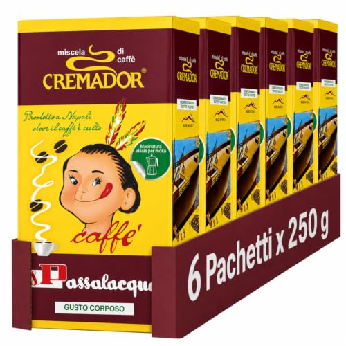 Passalacqua Cremador Caffè Premium Macinato – 6 Pacchetti 250g (1,5kg) - Tostatura Autentica Napoletana 70% Arabica - Cremoso e Vellutato con Note di Miele, Cioccolato e Nocciole - Made in Italy