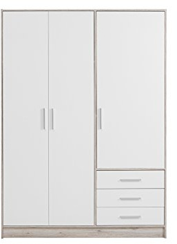 FORTE Jupiter Schrank 140 150, Kleiderschrank, Drehtürenschrank, 3-türig, mit 3 Schubladen und Einlegeböden, Weiß mit Holz Dekor: Sandeiche, 145 cm breit x 60 cm tief x 200 cm hoch