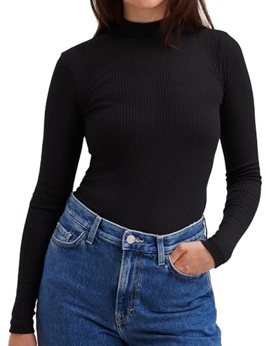 Dilling Merino Langarmshirt Damen Schwarz – Merinowolle Shirt Stehkragen | 100% Bio-Merinowolle, fein geripptes Stehkragen-Langarmshirt für Damen - leichtes Unterhemd für Alltag