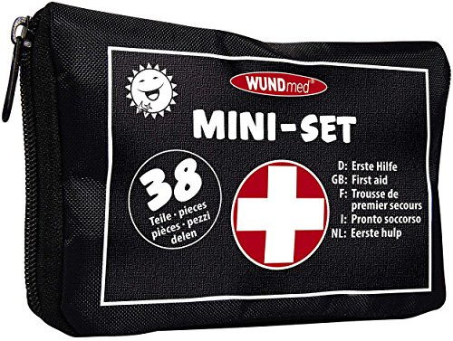 Wundmed Erste Hilfe, Notfall, Pflaster, Verband, Erste-Hilfe Kasten, Mullbinde, Verband, Pinzette, Schere, Klammern, insg. 38 Teile, 16 x 3 x 11 cm