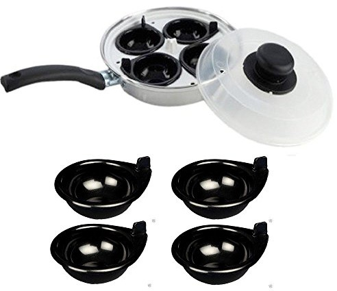 Easy Shopping Egg Poacher, 4-Cup, Black, Non-Stick, Carbon Steel, Round, With Plastic Lid