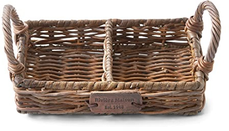 Riviera Maison Tablett für Seifenspender und Zahnputzbecher geflochten aus Rattan 2-Fach, Korbtablett für Badezimmer, Küche, handgefertigt - Soap Tray - Braun - (LxBxH) 22x16x11
