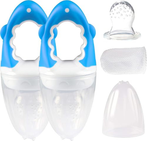dentistar Baby Fruchtsauger 2er Set - für Obst & Gemüse - ab 6+ Monate - 5-teiliges Set (Schutzkappe, Silikonsauger, Netz, Schraubring, Griff) – BPA frei – Blau