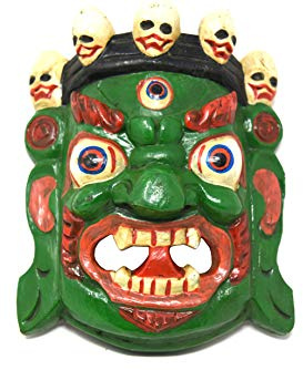 TM THAMELMART FOR BEAUTIFUL MINDS Hand Craving Nepalese Lord Mahakala Tibetan Buddhism Wooden Mask Wall Decor (Green)