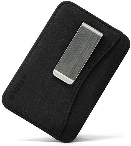 AKIELO Porta Carte di Credito con Blocco RFID e Fermasoldi Uomo in Confezione Regalo - Portafoglio Uomo Slim - Porta Carte dal Design Minimalista (CHARLIE - Edizione Nera con Fermasoldi)