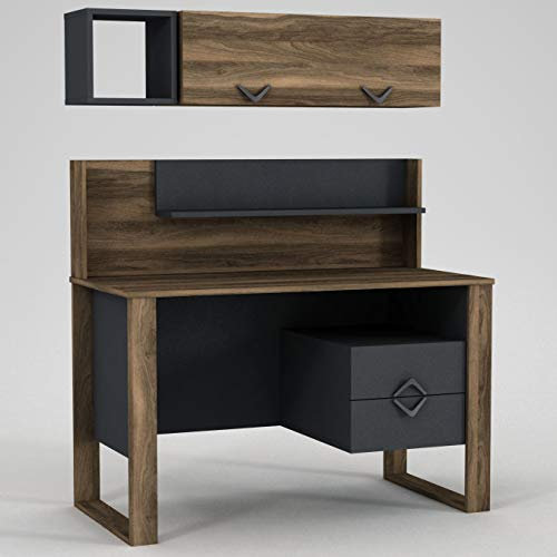 Alphamoebel 4586 Bumerang moderner Schreibtisch Kinderschreibtisch Arbeitstisch, Walnuss Anthrazit, Holz, mit Regal, 2 Schubladen, viel Stauraum, Ablagefächer, 120 x 114 x 60 cm
