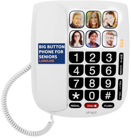 SMPL Hands-Free Dial Corded Phone with Photo Memory, One-Touch Dialing, Large Buttons, Flashing Alerts - For Seniors, Hearing Impaired