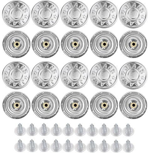 Hosen Ersatz Knöpfe zum Vernieten, 20 Pack, Ø 20 mm Messing Jeansknöpfe, Silber-farben, Jeans Button mit Nieten, Jeans Knopf zum Einschlagen, Metall Hosenknopf, Hose weiter machen, Hosenknöpfe robust