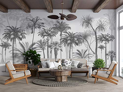 SILK ROAD EU Papier Peint Panoramique jungle Soie, 355 x 250 cm, noir et blanc Sketch Tropical Rainforest Coconut Tree Poster Geant Mural Personnalisé 3D pour Salon Chambre Décoration Murale