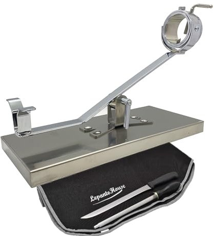 Jamonero Inoxidable basculante y Giratorio, Soporte para Jamon, Jamonero Giratorio + Set de Corte con Cuchillo jamonero, chaira y Cubre Jamon (Base Inoxidable)