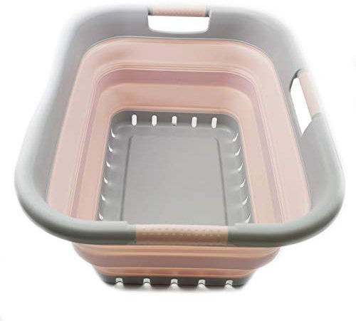 SAMMART Faltbarer Wäschekorb aus Kunststoff, faltbar, Aufbewahrungsbehälter, Organizer, tragbare Waschwanne, platzsparender Korb (Grey/Pink)