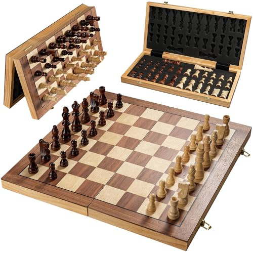Vahome Magnetic Chess Set for Adults & Kids, 15 Wooden Folding Chess Boards, Handcrafted Portable Travel Chess Game with Pieces Storage Slots, 2 Extra Queens