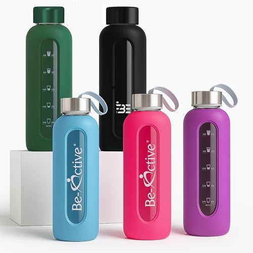 Be-Active Glass Water Bottle with Times to Drink - Borosilicate Glass – Motivational bottles - BPA Free Sizes 550ml & 1 Litre (Hot Pink, 1 Litre)