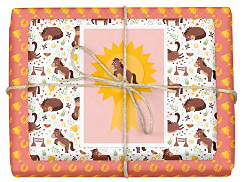 dabelino® GeschenkpapierPferdemotiv/Pony/Reiten für Kinder-Geburtstag (Mädchen), Set: 4x Bögen + 1x Karte (Öko Recycling-Papier nachhaltig)