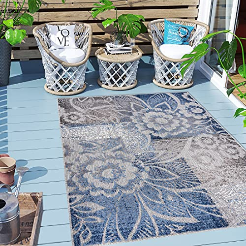 Carpeto Rugs Blumenmuster In- & Outdoor Teppich Wetterfest für Balkon, Terasse - Balkon Teppich Wasserfest - Outdoorteppich Wetterfest - Aussenteppich Terrasse Groß - Blau Grau 1-120 x 170 cm