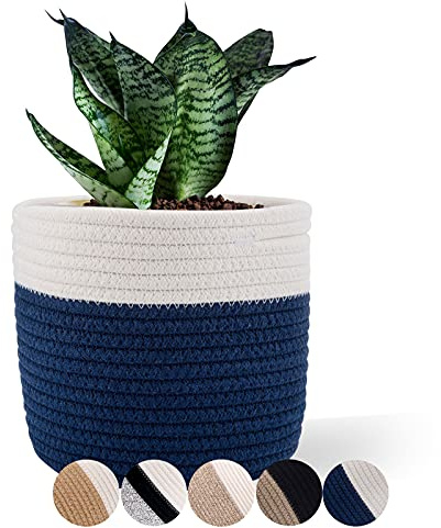 Oradrem Pflanzkorb aus gewebtem Baumwollseil für 15,2 cm großen bodenstehenden Blumentopf, Pflanzgefäße für den Innenbereich, rustikale Heimdeko, 17,1 x 16,5 cm (H x B), weiße Nähte, Marineblau