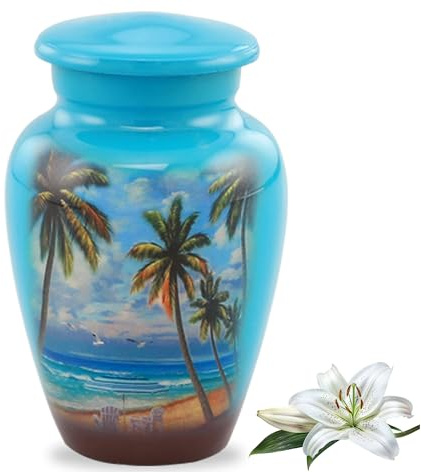 Paradise Beach Keepsake Urn - Hand Painted Miniature Palm Trees Urn with Premium Case & Bag